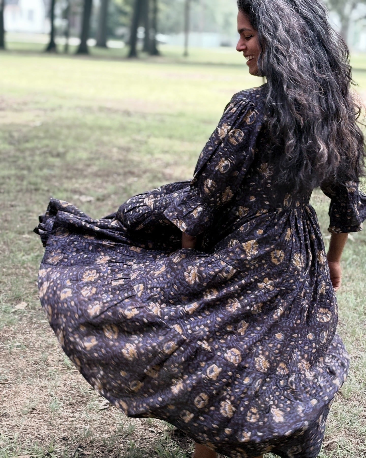 Midnight Blooms 100% Cotton Midi Dress