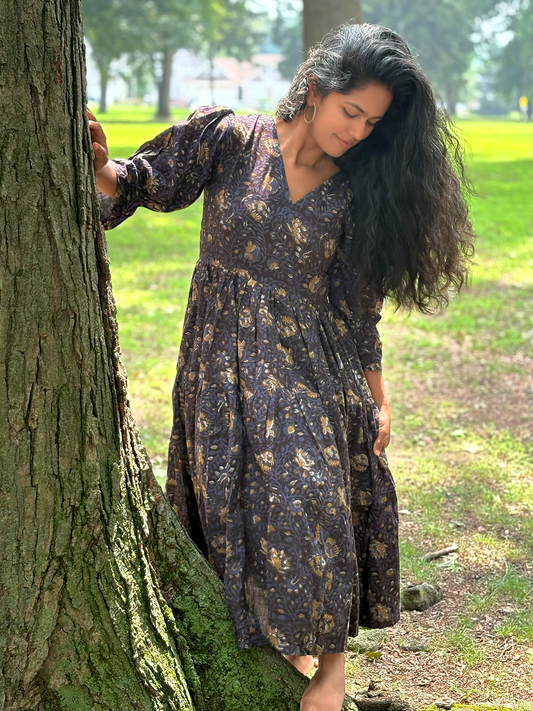 Midnight Blooms 100% Cotton Midi Dress